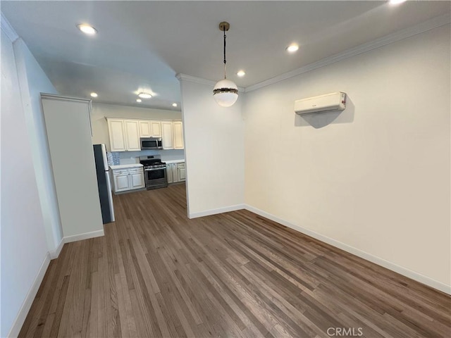 1708 E 3rd St, Los Angeles, CA 90033 - unfurnished dining area featuring recessed lighting, dark wood-style flooring, baseboards, and a wall unit AC