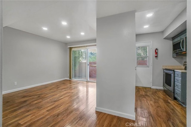 kitchen with dark wood-style floors, a wealth of natural light, and stainless steel appliances