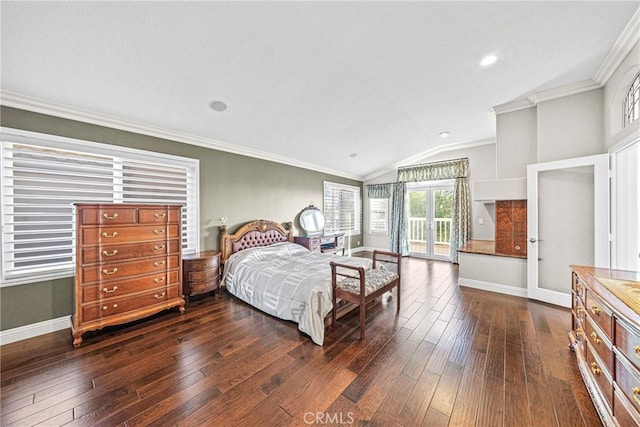 bedroom featuring dark wood finished floors, lofted ceiling, access to exterior, crown molding, and baseboards