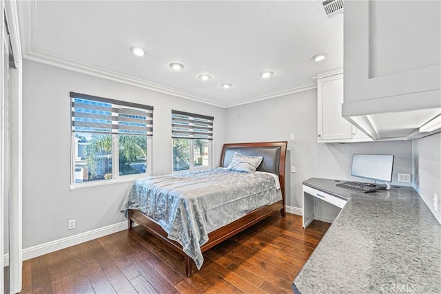 bedroom with recessed lighting, visible vents, baseboards, and ornamental molding