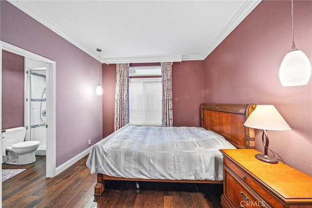 bedroom with baseboards, wood finished floors, connected bathroom, and crown molding