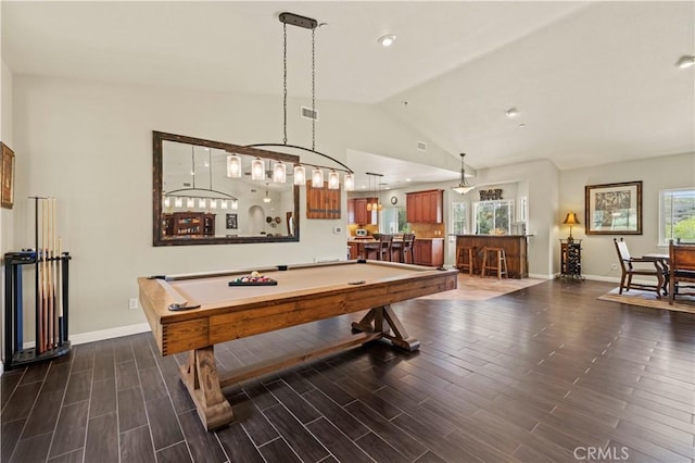 rec room featuring dark wood-style flooring, baseboards, vaulted ceiling, and pool table