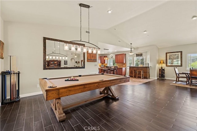 18181 Lost Creek Rd, Saugus, CA 91390 - game room featuring baseboards, billiards table, vaulted ceiling, dark wood finished floors, and recessed lighting