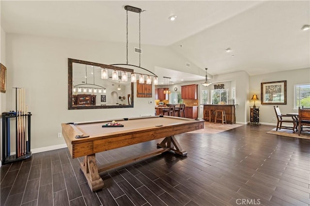 18181 Lost Creek Rd, Saugus, CA 91390 - game room featuring billiards table, lofted ceiling, dark wood-style flooring, and recessed lighting