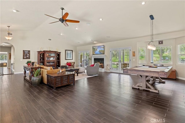 living room with pool table, baseboards, dark wood finished floors, and ceiling fan