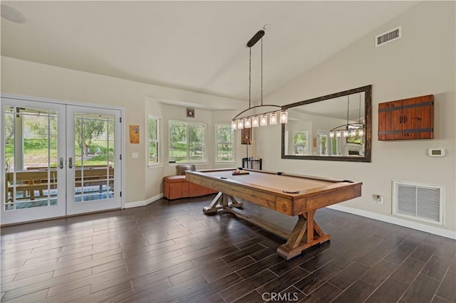 playroom with visible vents, baseboards, vaulted ceiling, and dark wood-style floors
