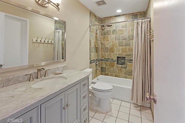 full bath with vanity, toilet, tile patterned floors, shower / bath combination with curtain, and visible vents