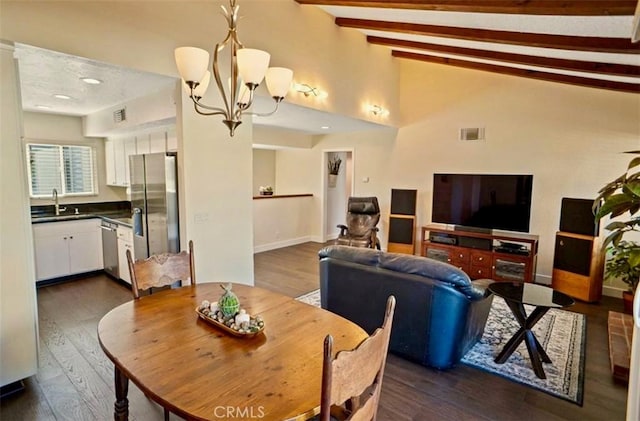 dining space with visible vents, dark wood-style flooring, baseboards, lofted ceiling with beams, and a notable chandelier