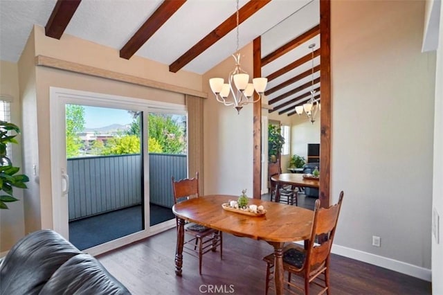dining space featuring baseboards, lofted ceiling with beams, wood finished floors, and a chandelier