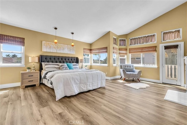 bedroom featuring light wood finished floors, multiple windows, access to outside, and baseboards