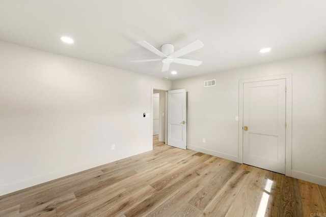 unfurnished room featuring visible vents, ceiling fan, recessed lighting, and light wood-style floors