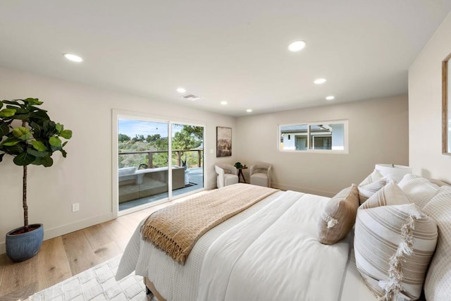 bedroom with visible vents, recessed lighting, access to outside, baseboards, and light wood-type flooring