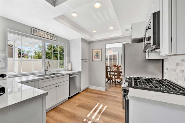9 Las Piedras, Rancho Santa Margarita, CA 92688 - kitchen with a tray ceiling, a sink, tasteful backsplash, dishwasher, and light wood-style floors