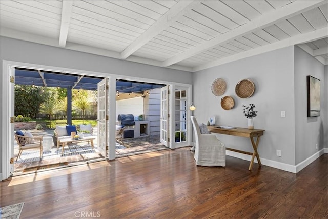 interior space featuring wooden ceiling, beam ceiling, french doors, wood finished floors, and baseboards
