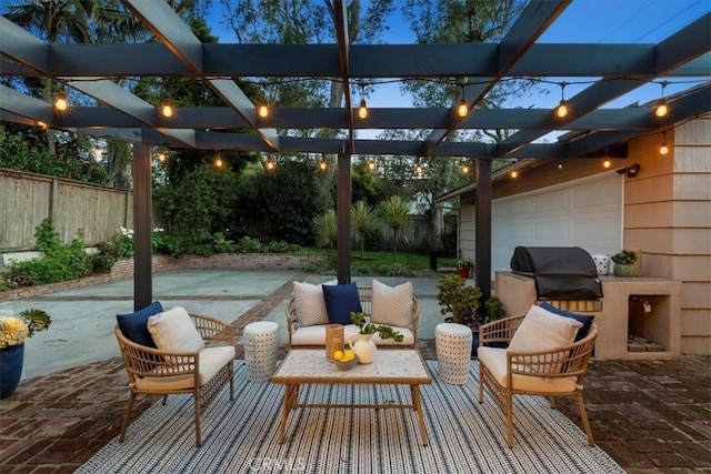 view of patio / terrace with outdoor lounge area, a pergola, a garage, and fence