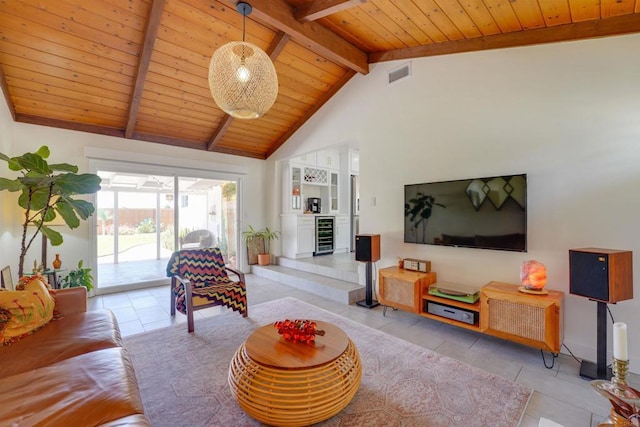 living area with wood ceiling, light tile patterned floors, beamed ceiling, beverage cooler, and visible vents