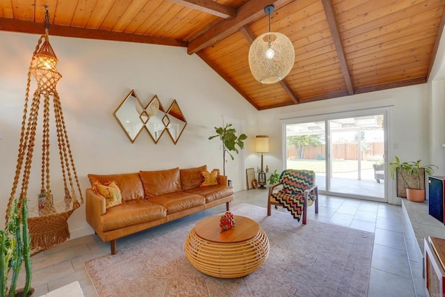 tiled living room with wood ceiling and lofted ceiling with beams