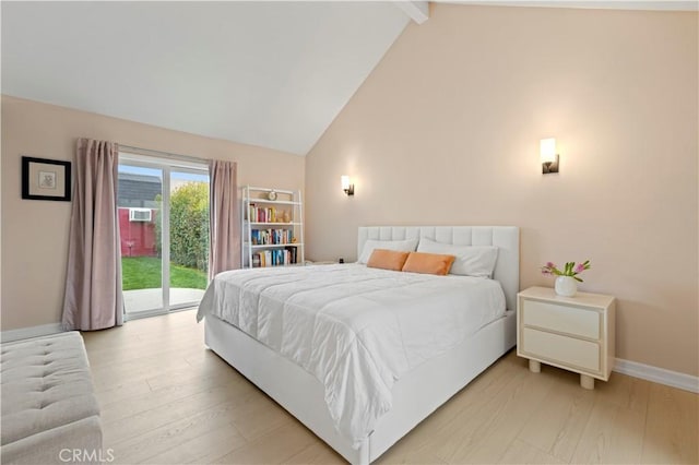 bedroom featuring beam ceiling, high vaulted ceiling, access to outside, and light wood finished floors