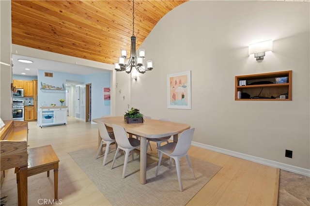 dining area with wooden ceiling, light wood-style floors, a notable chandelier, high vaulted ceiling, and baseboards