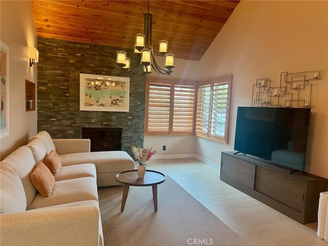 living area featuring wooden ceiling, wood finished floors, an inviting chandelier, a fireplace, and baseboards