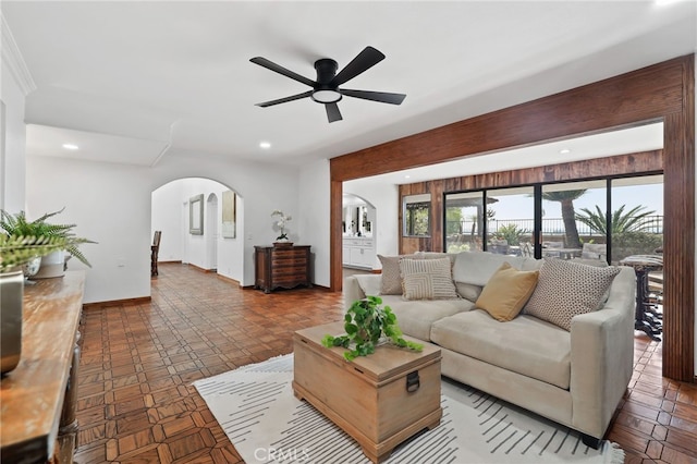 27955 Gallina, Mission Viejo, CA 92692 - living area featuring arched walkways, recessed lighting, and ceiling fan