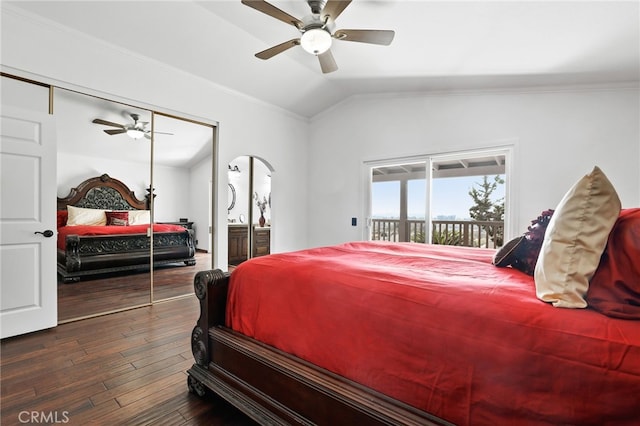 27955 Gallina, Mission Viejo, CA 92692 - bedroom with access to exterior, lofted ceiling, crown molding, dark wood-type flooring, and ceiling fan