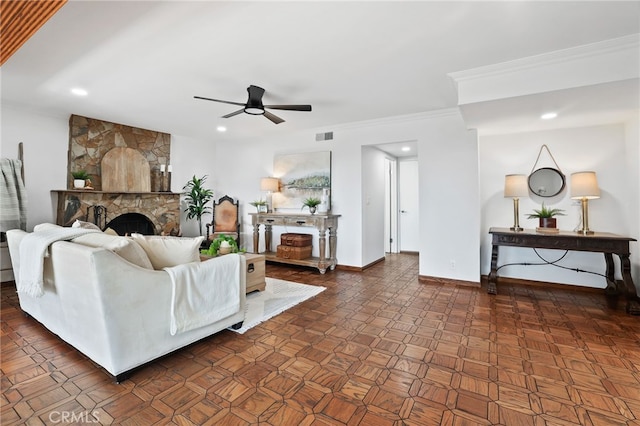 27955 Gallina, Mission Viejo, CA 92692 - living room with a ceiling fan, recessed lighting, a fireplace, and crown molding
