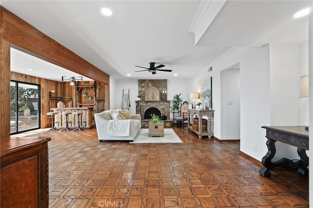 27955 Gallina, Mission Viejo, CA 92692 - living room featuring ceiling fan, a stone fireplace, and recessed lighting