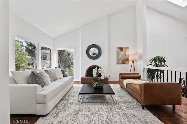27955 Gallina, Mission Viejo, CA 92692 - living room with high vaulted ceiling and a brick fireplace