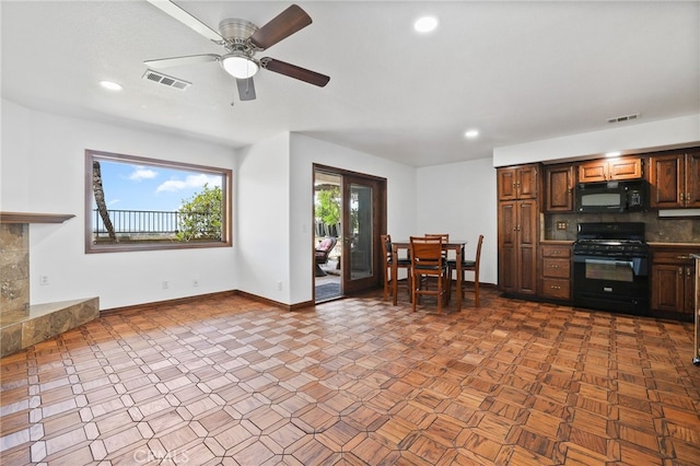 27955 Gallina, Mission Viejo, CA 92692 - kitchen featuring black appliances, recessed lighting, a ceiling fan, backsplash, and dark countertops