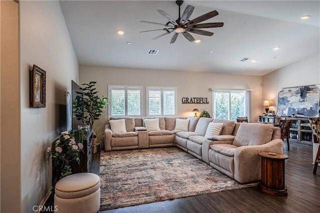 28340 Memory Ln, Winchester, CA 92596 - living room featuring vaulted ceiling, wood finished floors, visible vents, a wealth of natural light, and ceiling fan