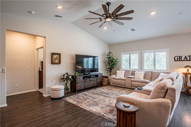 28340 Memory Ln, Winchester, CA 92596 - living room featuring dark wood finished floors, visible vents, a ceiling fan, and baseboards