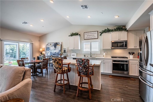 28340 Memory Ln, Winchester, CA 92596 - kitchen featuring stainless steel appliances, light countertops, vaulted ceiling, visible vents, and a sink