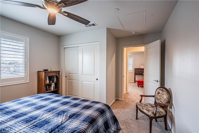 28340 Memory Ln, Winchester, CA 92596 - bedroom featuring baseboards, visible vents, light colored carpet, a closet, and ceiling fan