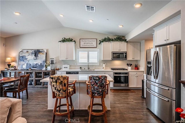 28340 Memory Ln, Winchester, CA 92596 - kitchen with vaulted ceiling, a sink, white cabinets, appliances with stainless steel finishes, and visible vents