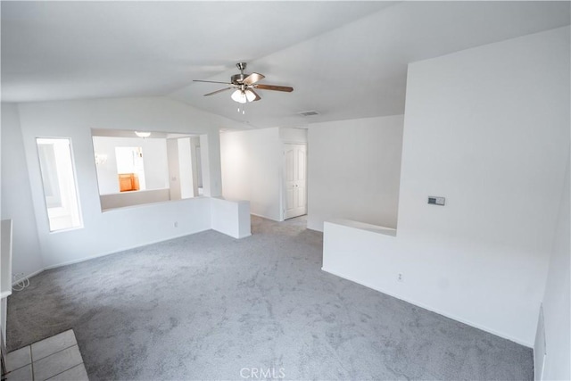 40108 Corte Lorca, Murrieta, CA 92562 - unfurnished living room featuring visible vents, a ceiling fan, carpet floors, and lofted ceiling