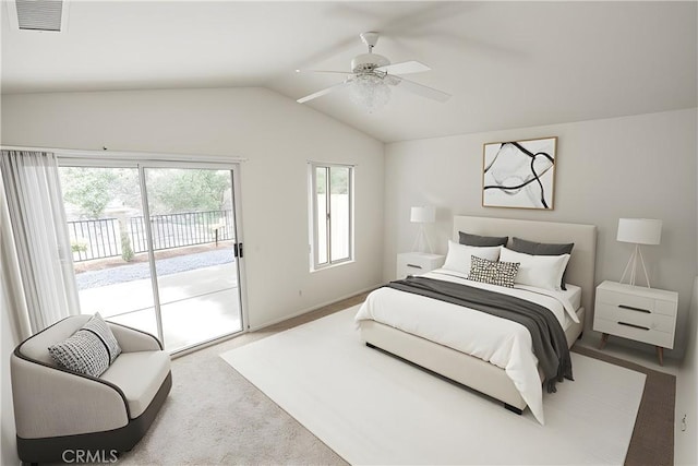 40108 Corte Lorca, Murrieta, CA 92562 - carpeted bedroom featuring visible vents, access to exterior, ceiling fan, and vaulted ceiling