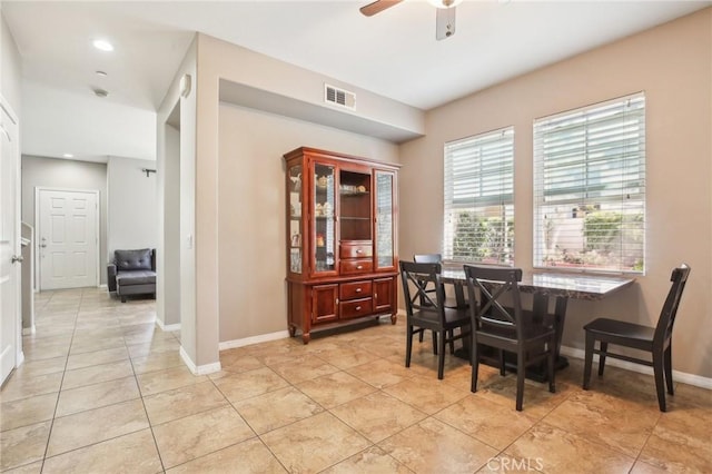 dining room featuring baseboards, recessed lighting, light tile patterned floors, a ceiling fan, and visible vents