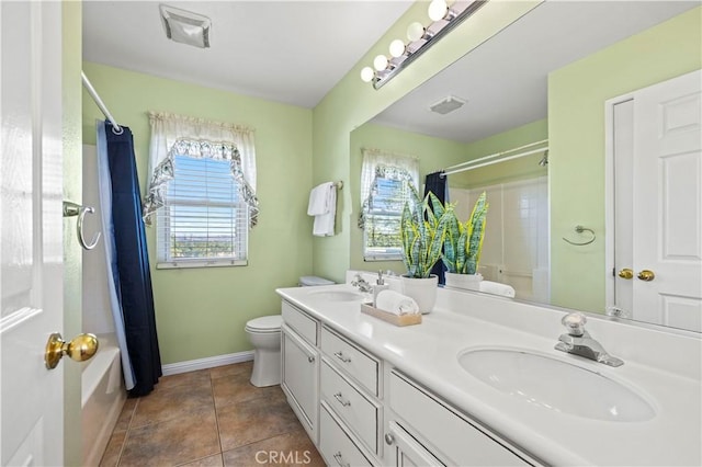 25302 Rolling Greens Way, Saugus, CA 91350 - bathroom featuring toilet, baseboards, shower / bath combination with curtain, double vanity, and tile patterned floors