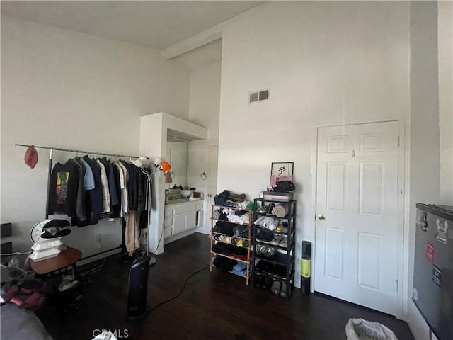 2168 Biscayne, Costa Mesa, CA 92627 - interior space with wood finished floors, visible vents, and high vaulted ceiling