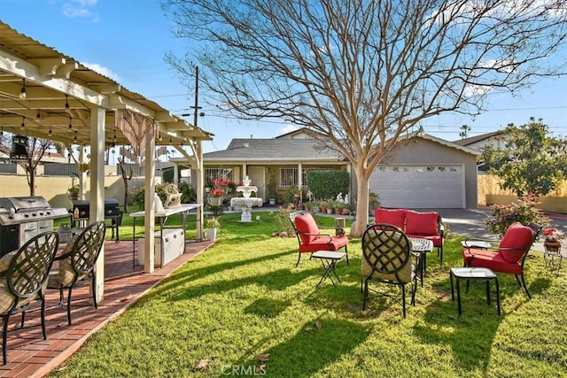 view of yard featuring a garage and an outdoor hangout area