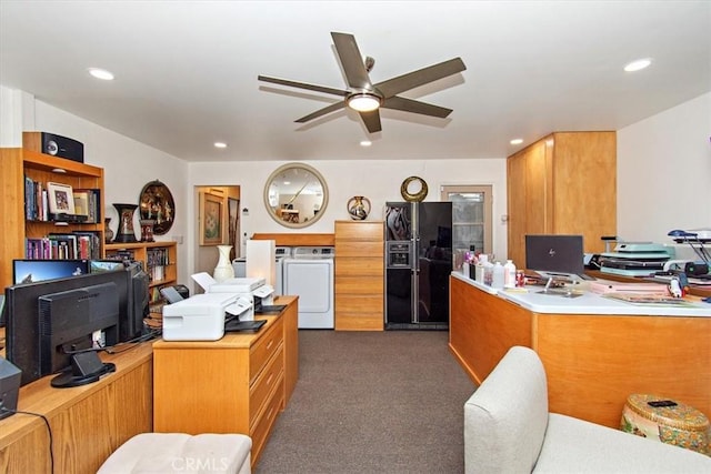 office space featuring recessed lighting, independent washer and dryer, dark colored carpet, and a ceiling fan