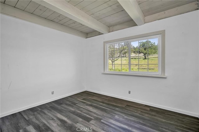 empty room featuring baseboards, wooden ceiling, dark wood-type flooring, and beamed ceiling