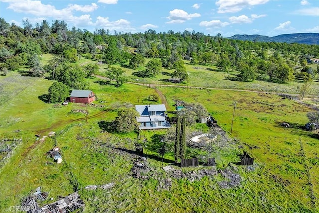 drone / aerial view featuring a wooded view and a mountain view