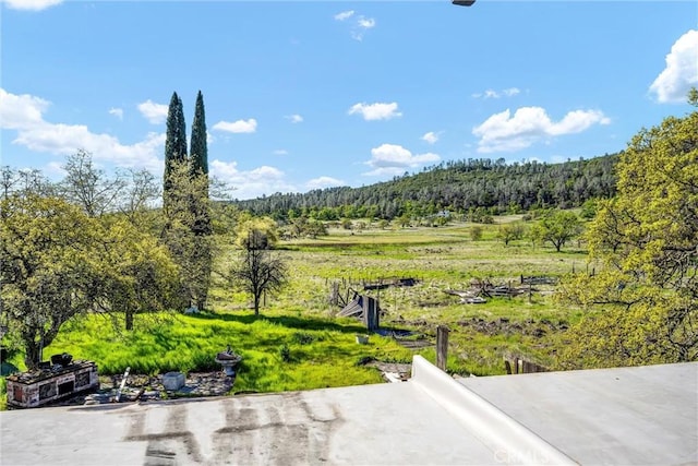 exterior space with a wooded view