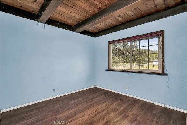 empty room with wooden ceiling, baseboards, beamed ceiling, and dark wood finished floors