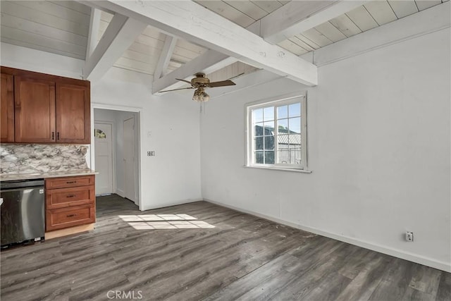 interior space with baseboards, ceiling fan, vaulted ceiling with beams, and dark wood finished floors