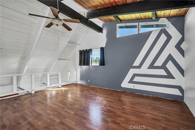 bonus room featuring vaulted ceiling with beams, wood finished floors, ceiling fan, and wooden ceiling