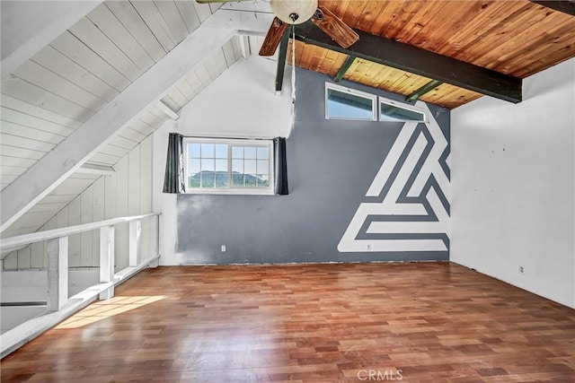 additional living space with lofted ceiling with beams, ceiling fan, wood finished floors, and wooden ceiling