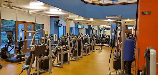 exercise room featuring ceiling fan and visible vents